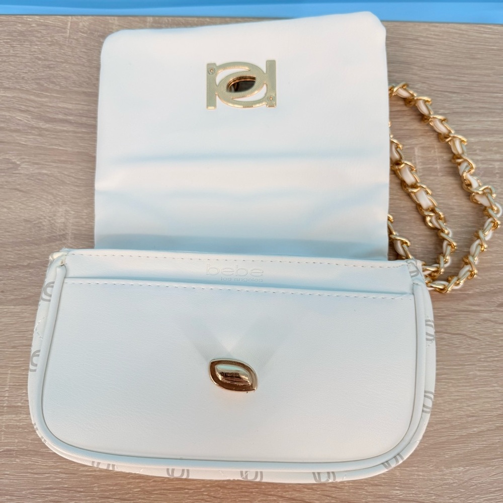 Bebe LIV Monogram Crossbody Small Logo Bag Quilted White Grey Gold Chain NWT Y2K - Picture 5 of 12